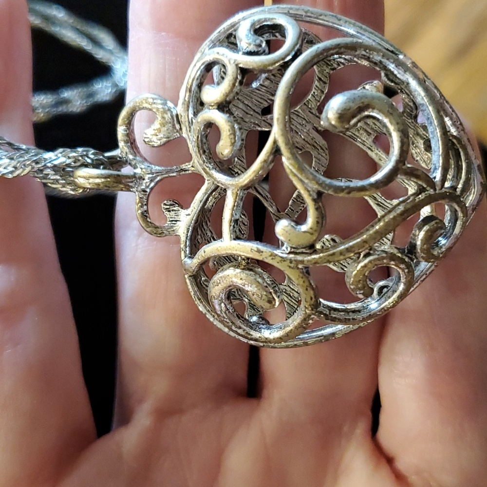 Silver Tone Heart Necklace Filigree